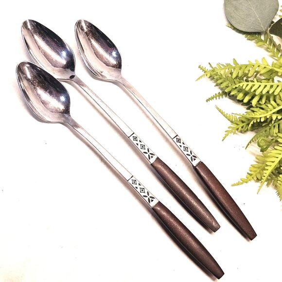 MCM Ekco Eterna Tea Spoons Wood Handles Stainless Steel Flatware Mid Century 60s - Picture 1 of 11